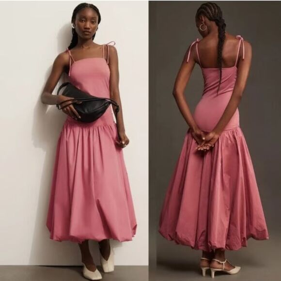 Anthropologie Mare Mare Sleeveless Drop-Waist Bubble-Hem Midi Dress Rose